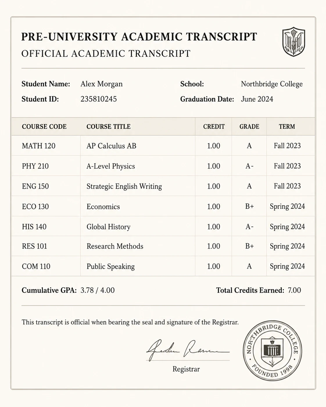 Pre-University Academic Transcript — Alex Morgan, Northbridge College